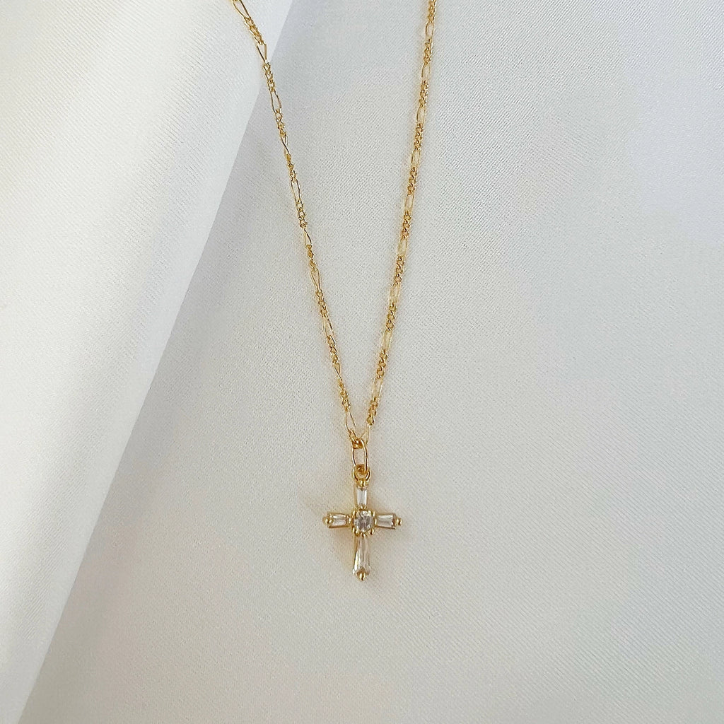 Petite CZ Cross Pendant Necklace Gold Filled