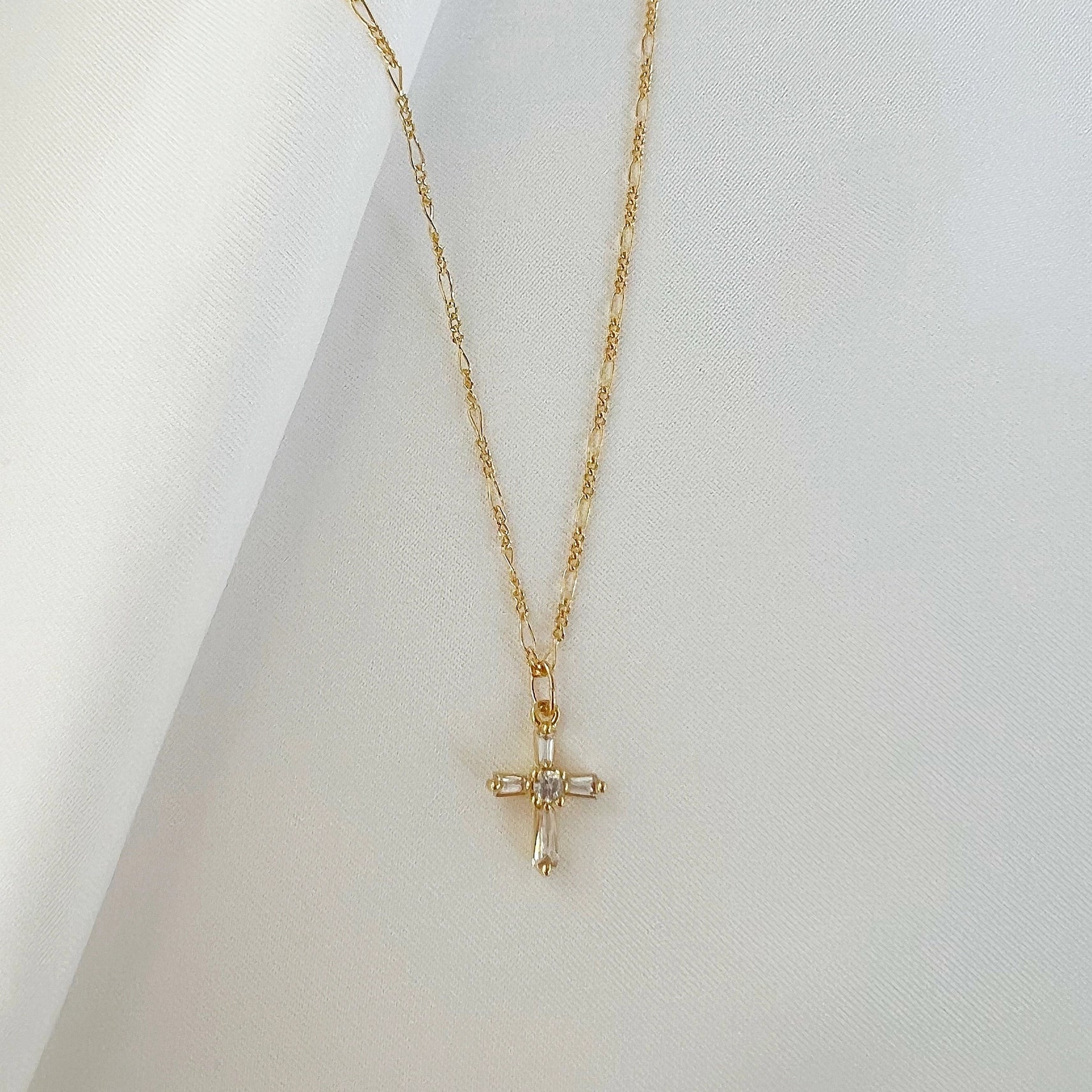 Petite CZ Cross Pendant Necklace Gold Filled